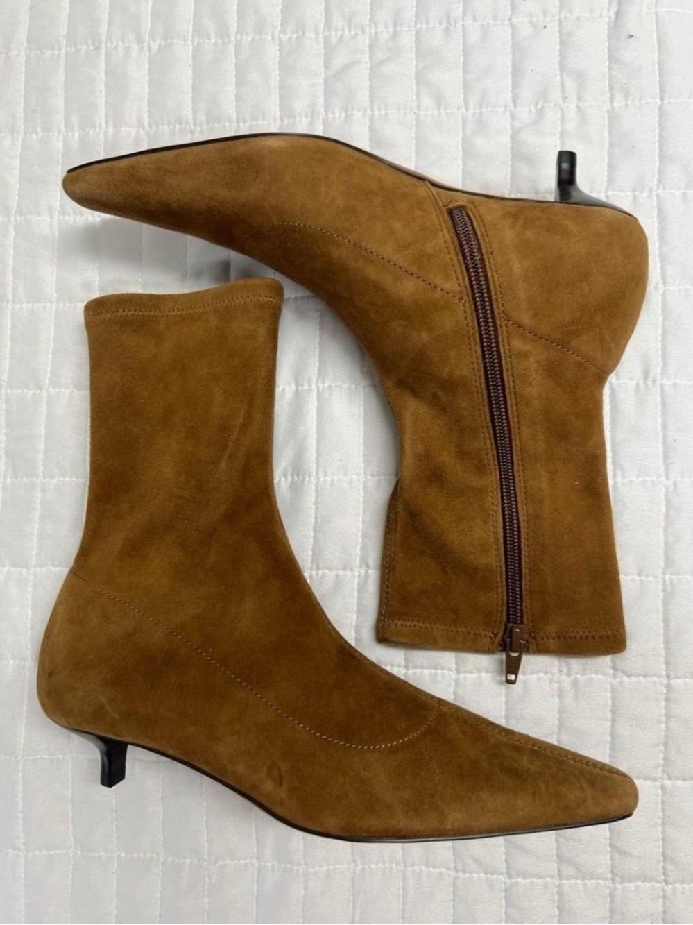 Madewell Ciel Tan Suede Pointed-Toe Kitten Heel Booties